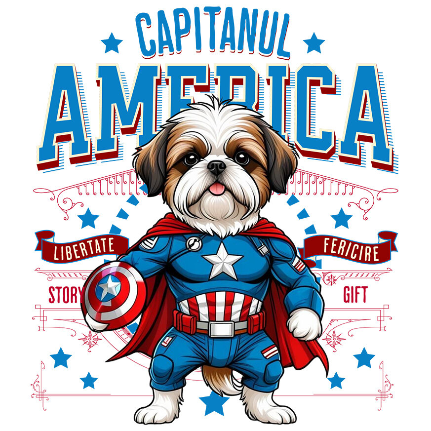 Sticker Adeziv Autocolant Personalizat Shih Tzu în Costum de Captain America cu Pelerină - Cadou Personalizat pentru Copii și Iubitorii de Câini [1]