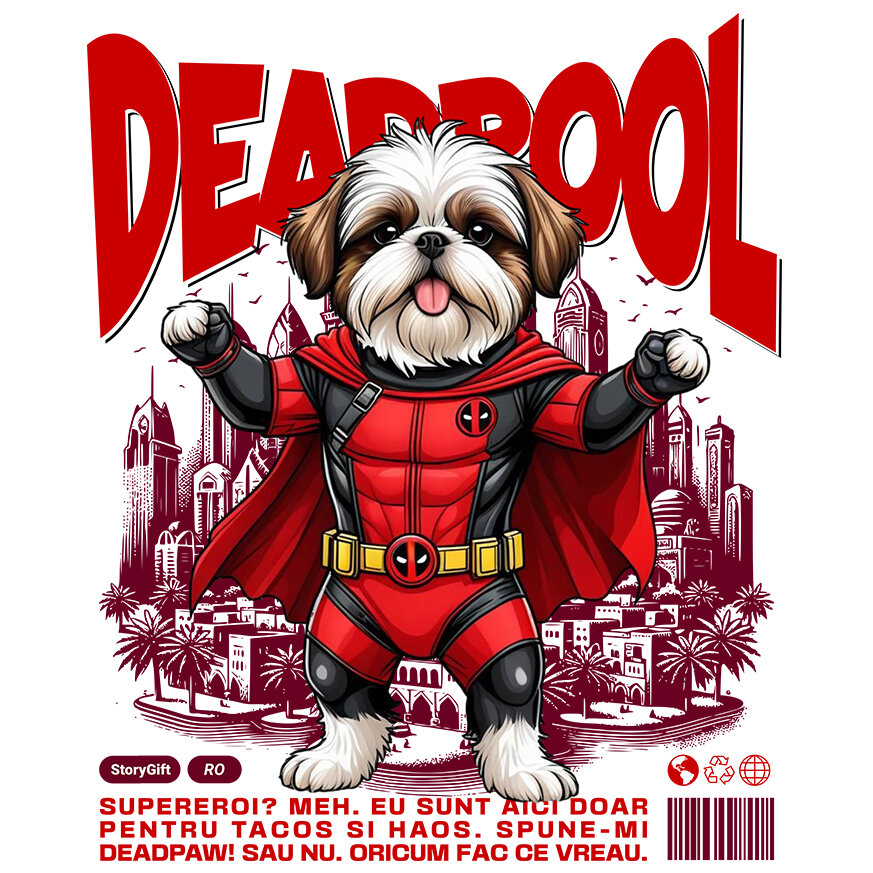 Sticker Adeziv Autocolant Personalizat Shih Tzu în Costum Deadpool – Câine Supererou Amuzant și Personalizat [1]