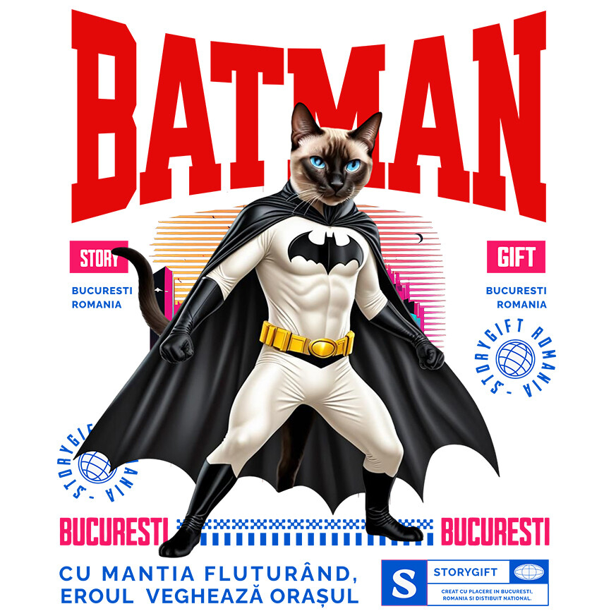 Sticker Adeziv Autocolant Personalizat Pisica Siamez în Costum de Batman – Supereroul Perfect pentru Iubitorii de Pisici și Copii [1]