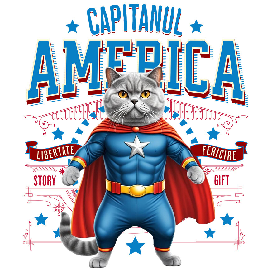 Sticker Adeziv Autocolant Personalizat Pisica Siameză în Costum de Captain America cu Pelerină - Cadou Personalizat pentru Copii și Iubitorii de Pisici [1]