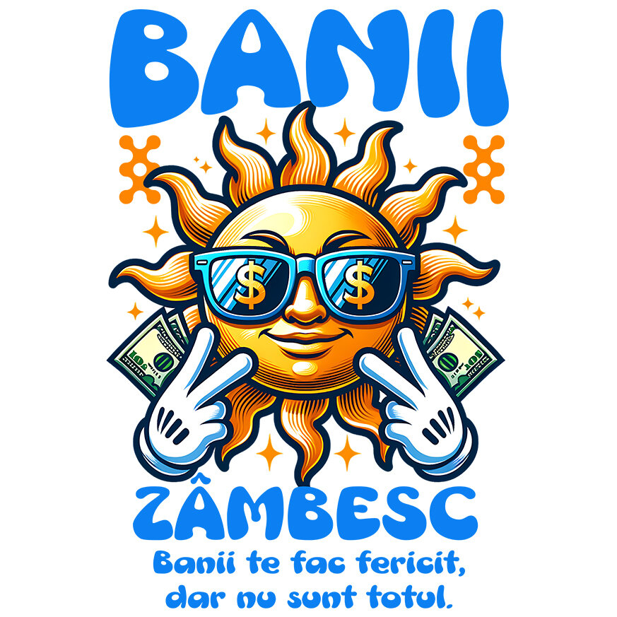 Sticker Adeziv Autocolant Personalizat Soare Zâmbitor cu Ochelari și Bancnote – „Banii Zâmbesc, Banii Te Fac Fericit” – Cadou Personalizat pentru Familie, Tati, Copii, Prieteni [1]