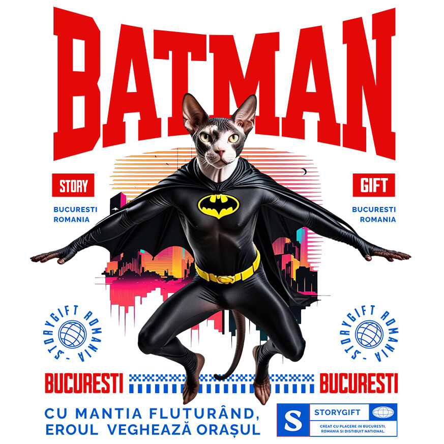 Sticker Adeziv Autocolant Personalizat Pisica Sphynx în Costum de Batman – Un Supererou Unic pentru Copii și Iubitorii de Animale [1]