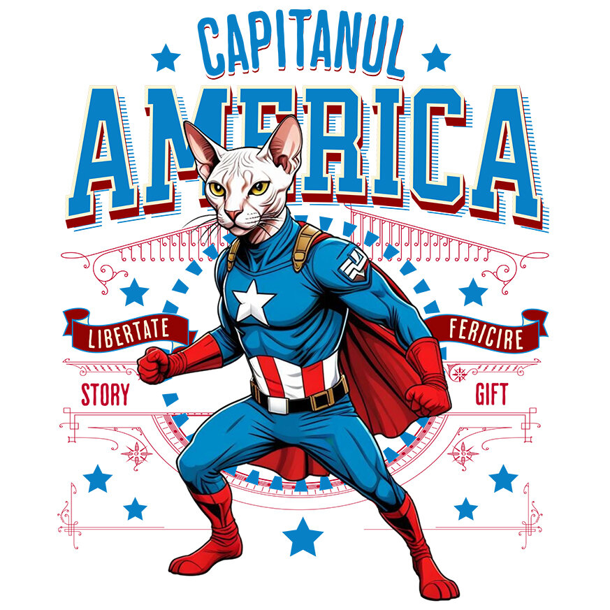 Sticker Adeziv Autocolant Personalizat Pisica Sphynx în Costum de Captain America cu Pelerină - Cadou Personalizat pentru Copii și Iubitorii de Pisici [1]