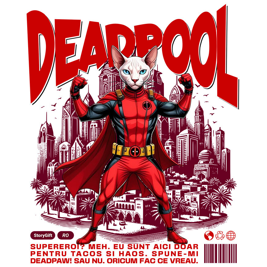 Sticker Adeziv Autocolant Personalizat Pisică Sphynx în Costum Deadpool – Supererou Haioș pentru Iubitorii de Animale [1]