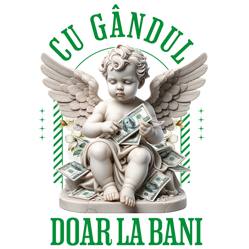 Sticker Adeziv Autocolant Personalizat Statuie Înger Bancnote Bani – „Cu Gândul Doar La Bani” – Cadou Personalizat pentru Familie, Tati, Copii, Prieteni [1]