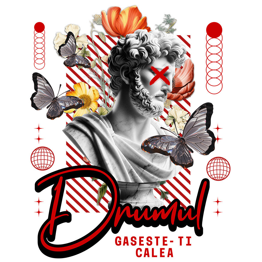 Sticker Adeziv Autocolant Personalizat Statuie Umană Bust Bărbătesc cu Fluturi și Flori - „Drumul Găsește-ți Calea” - Cadou Motivational [1]