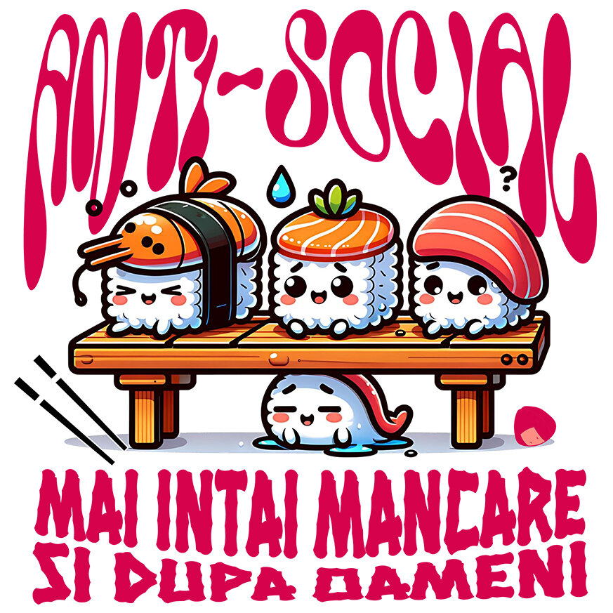 Sticker Adeziv Autocolant Personalizat Sushi personalizat cu mesaj „Anti-social, mai întâi mâncare și apoi vorbim” – Cadou original pentru iubitorii de sushi [1]
