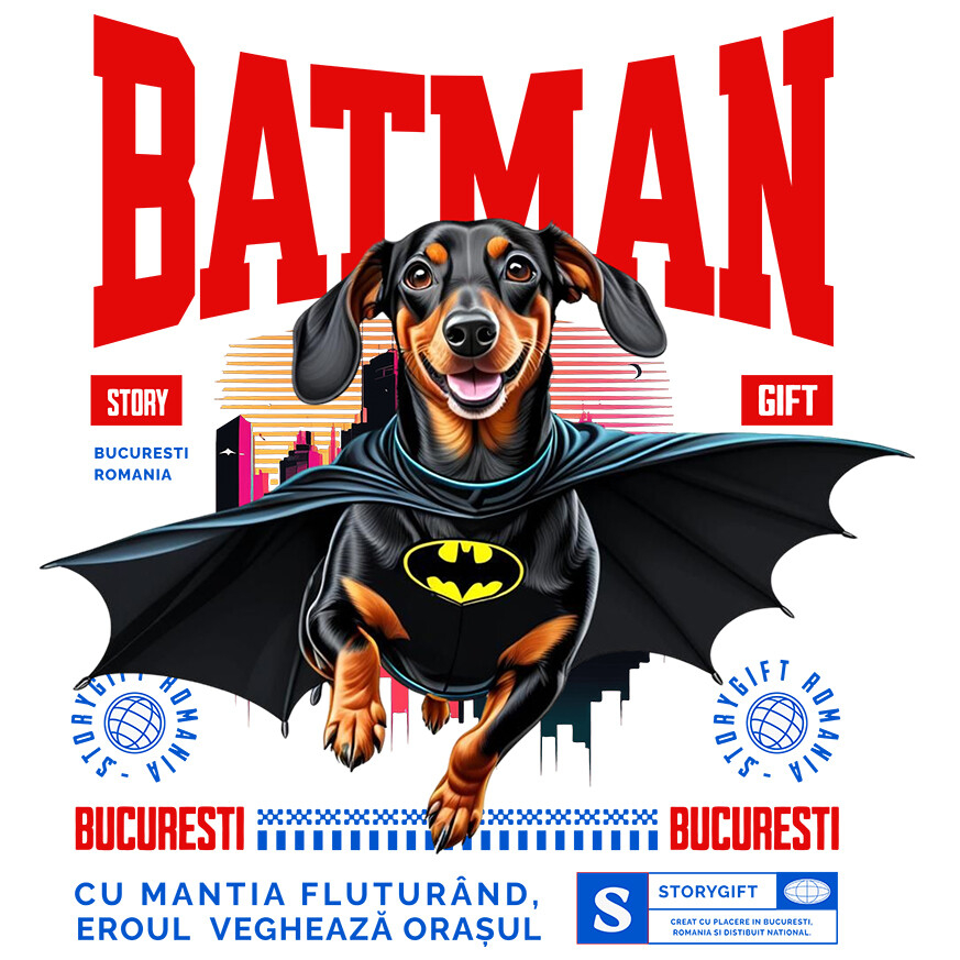 Sticker Adeziv Autocolant Personalizat Teckel În Costum de Batman – Câine Supererou pentru Copii și Iubitorii de Animale [1]