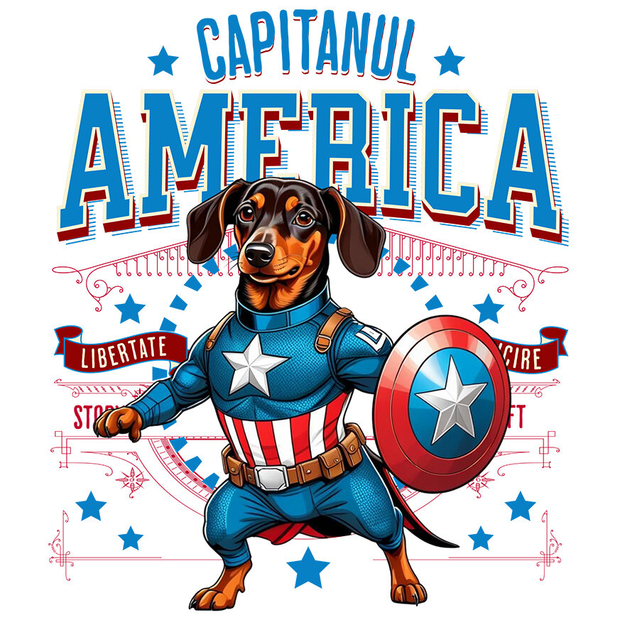 Sticker Adeziv Autocolant Personalizat Teckel în Costum Captain America cu Pelerină - Cadou Personalizat pentru Copii și Iubitorii de Câini [1]