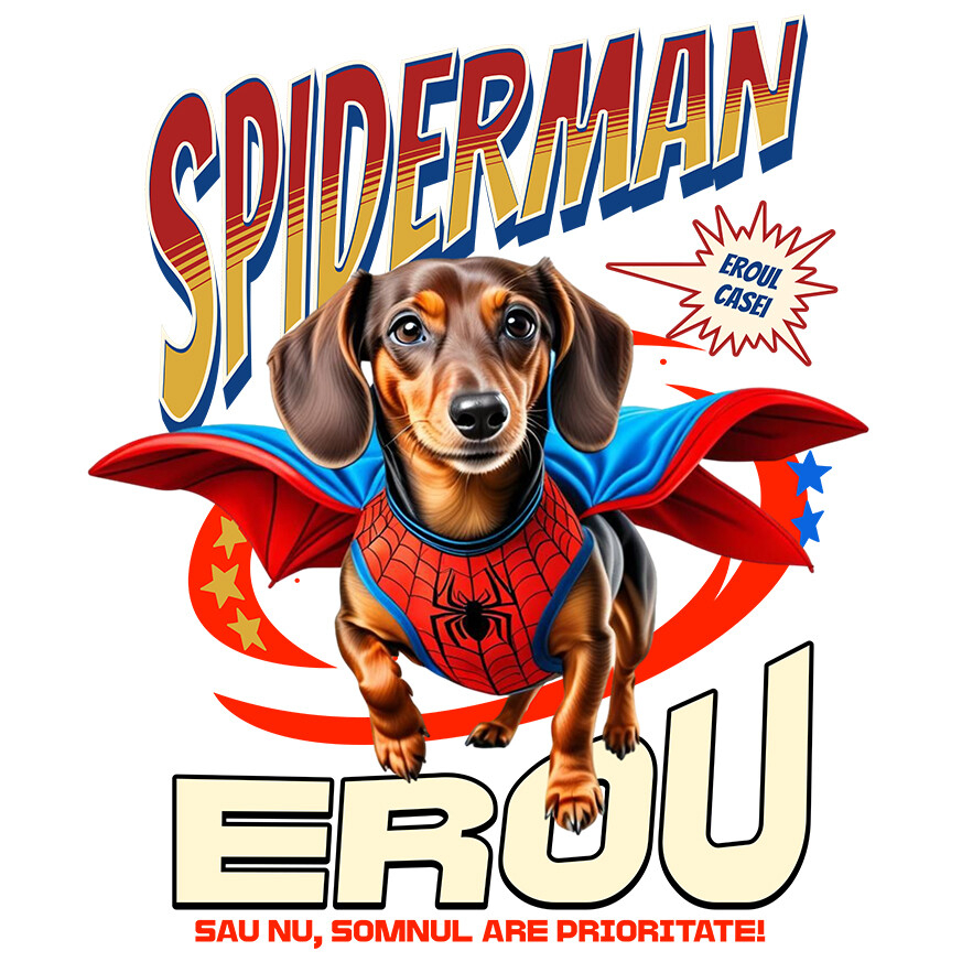Sticker Adeziv Autocolant Personalizat Teckel (Dachshund) în Costum Spider-Man - Cadou Personalizat pentru Copii și Familie [1]