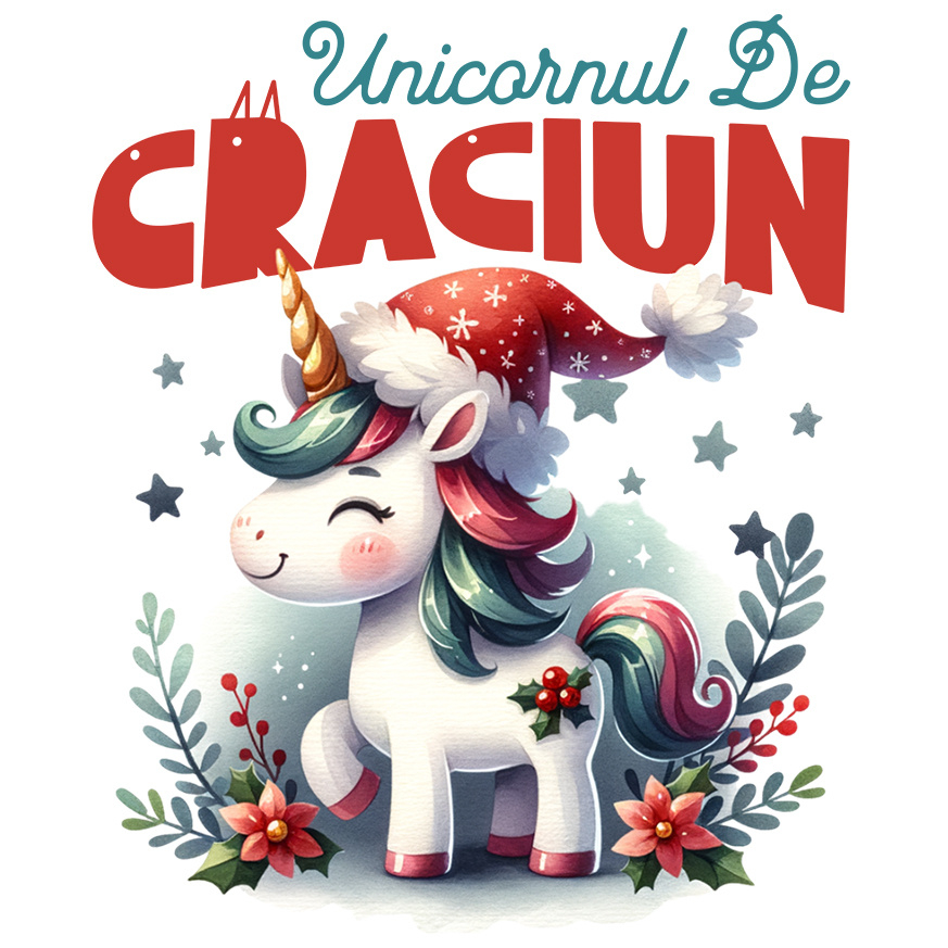 Sticker Adeziv Autocolant Personalizat Unicorn Vesel Roz cu Căciulă de Moș Crăciun – Cadouri Personalizate pentru Crăciun Magic [1]
