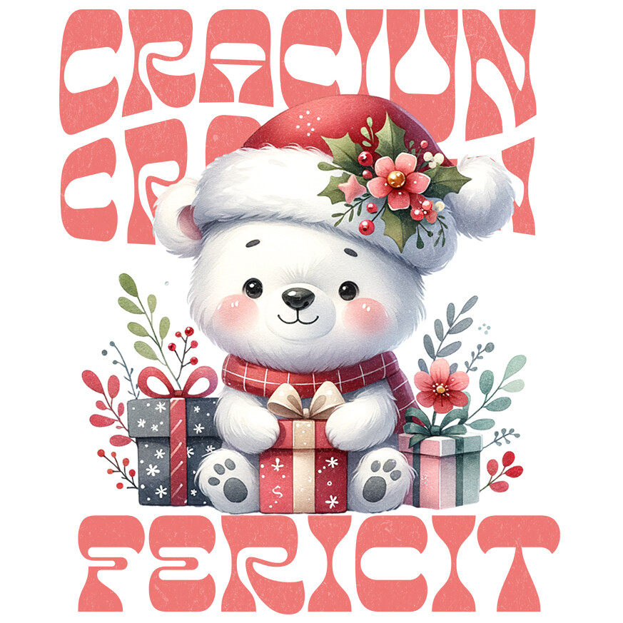 Sticker Adeziv Autocolant Personalizat Urs Alb cu Fular și Căciulă Moș Crăciun – Cadouri Colorate pentru un Crăciun Fericit [1]