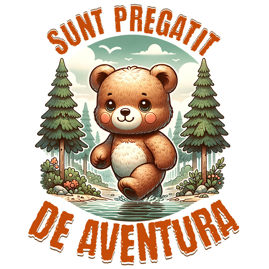 Sticker Adeziv Autocolant Personalizat "Urs de Pluș Maro în Pădure și Râu cu Apă Cristalină – Pregătit pentru Aventură" [1]