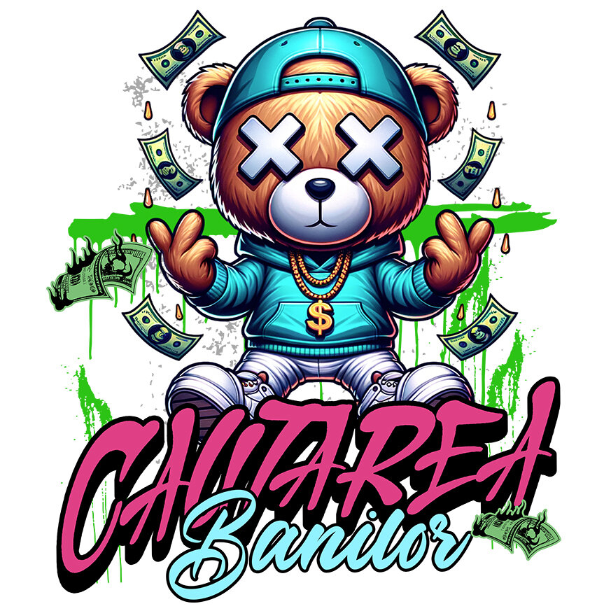 Sticker Adeziv Autocolant Personalizat Urs de Plus Stil Gangster cu Bancnote în Zbor – „În Căutarea Banilor” – Cadou Personalizat pentru Familie, Tati, Copii, Prieteni [1]