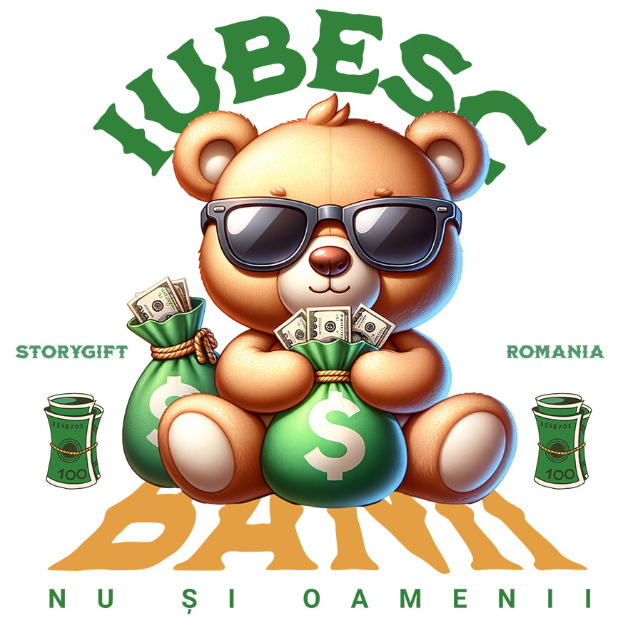 Sticker Adeziv Autocolant Personalizat Ursuleț de Plus Maro cu Sac de Bani și Bancnote Dolari – „Iubesc Banii Dar Nu Și Oamenii” – Cadou Personalizat pentru Familie, Tati, Copii, Prieteni [1]