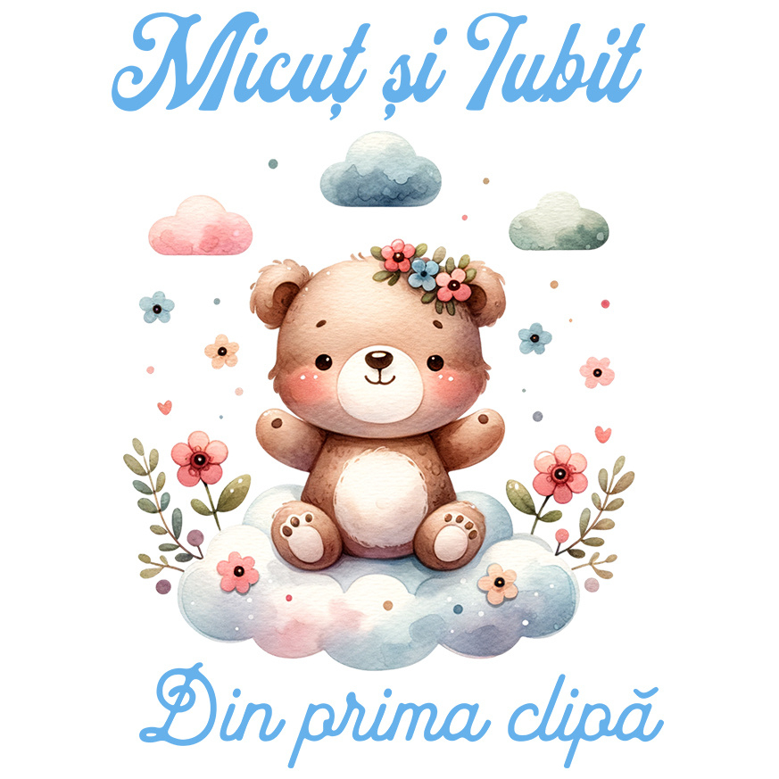 Sticker Adeziv Autocolant Personalizat Cadou Personalizat „Micuț Și Iubit Din Prima Zi” | Ursuleț De Pluș Maro Pe Norisor [1]