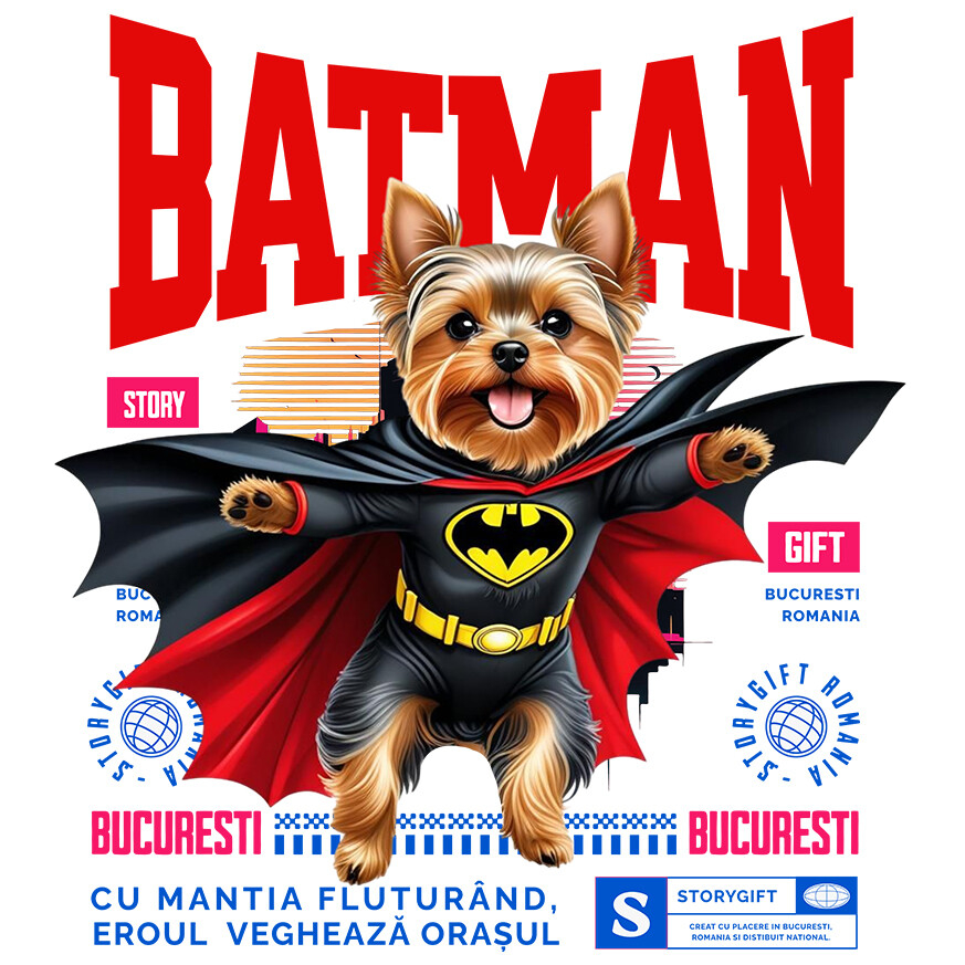 Sticker Adeziv Autocolant Personalizat Yorkshire Terrier În Costum de Batman – Câine Supererou pentru Copii și Iubitorii de Animale [1]