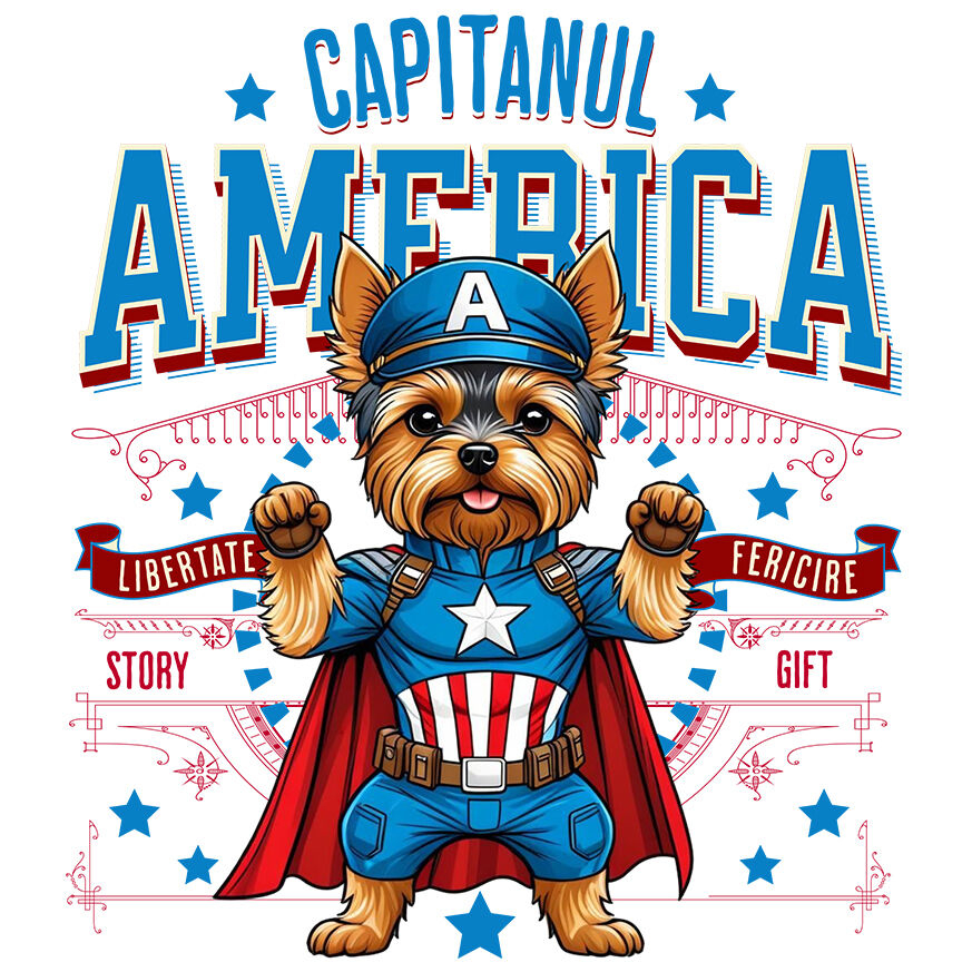 Sticker Adeziv Autocolant Personalizat Yorkshire Terrier în Costum Captain America cu Pelerină - Cadou Personalizat pentru Copii și Iubitorii de Câini [1]