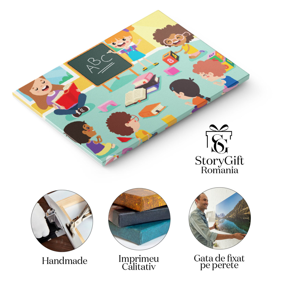 Tablou Canvas Activitate Educativa in Clasa, Copiii Participa la o Lectie Interactiva de Alfabet cu o Invatatoare Pasionata 40x25CM [2]