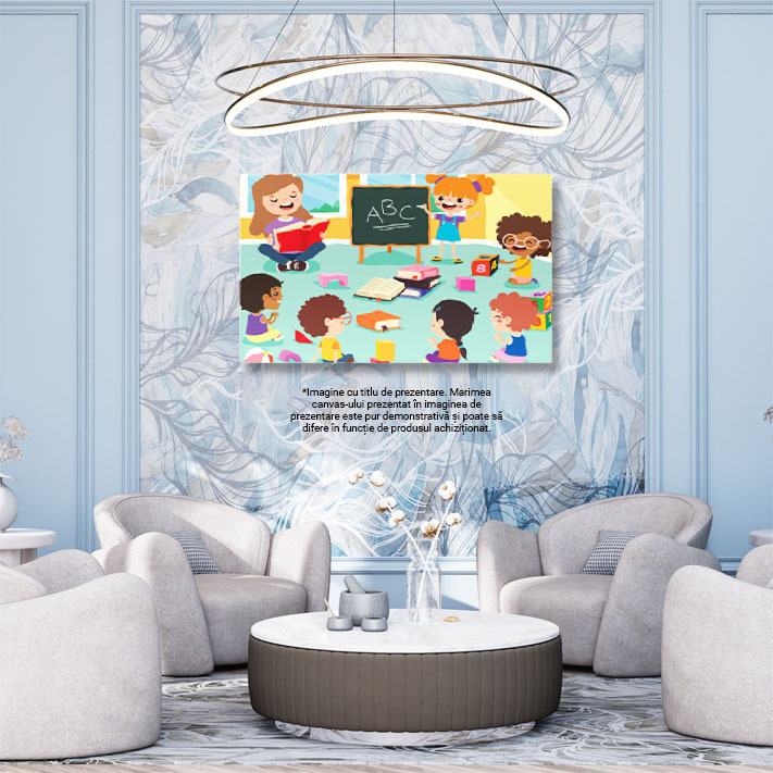 Tablou Canvas Activitate Educativa in Clasa, Copiii Participa la o Lectie Interactiva de Alfabet cu o Invatatoare Pasionata 40x25CM [3]