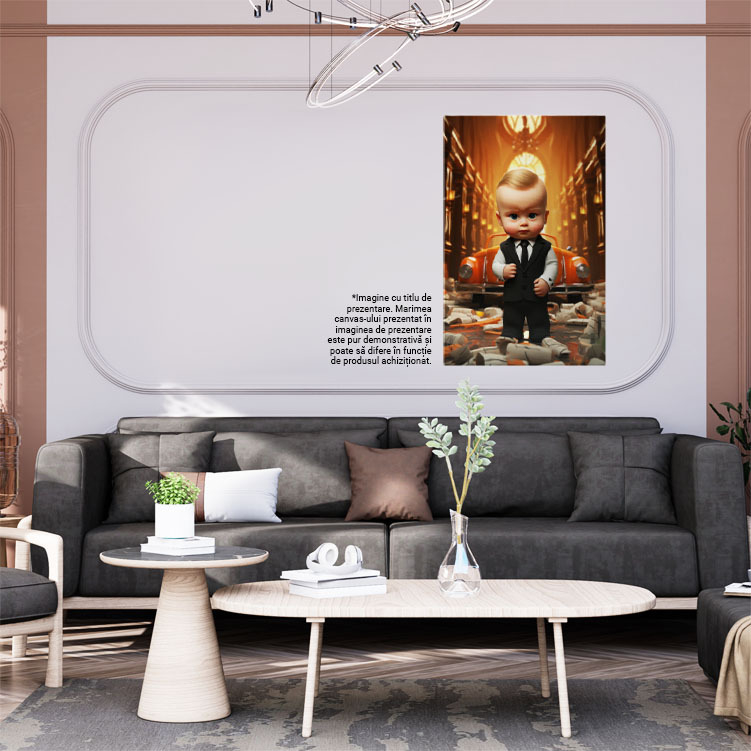 Tablou Canvas:  Adorabilul Bebelus Sef cu Masina de Epoca Portocalie si Cartoane Colorate in Jurul lui Pictura Digitala 40x25CM [2]