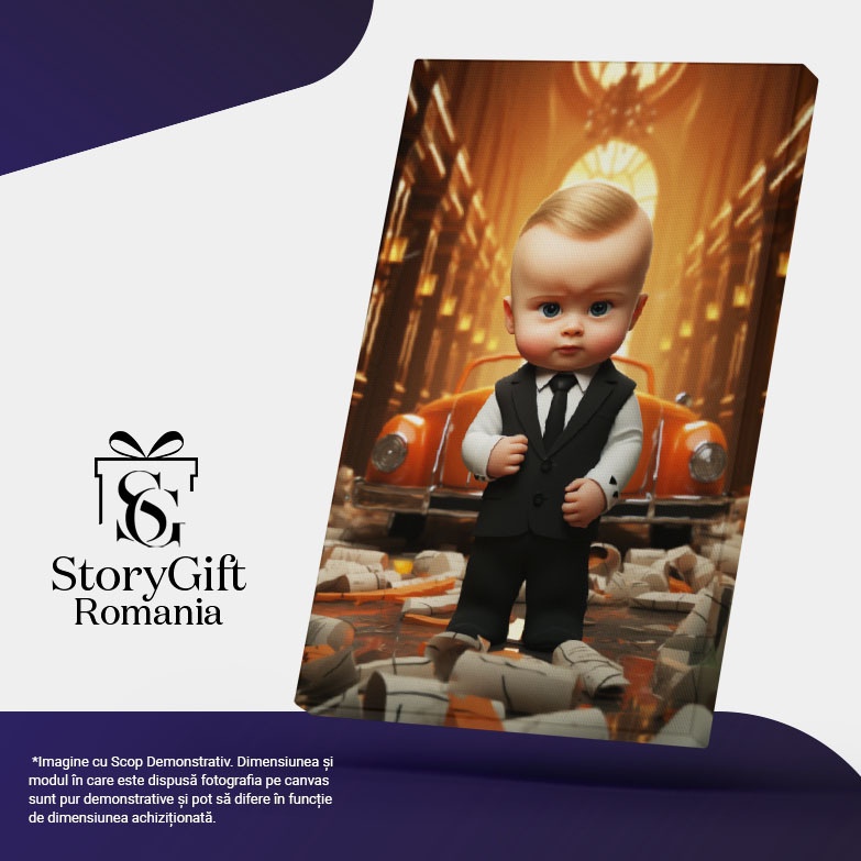 Tablou Canvas:  Adorabilul Bebelus Sef cu Masina de Epoca Portocalie si Cartoane Colorate in Jurul lui Pictura Digitala 40x25CM [5]