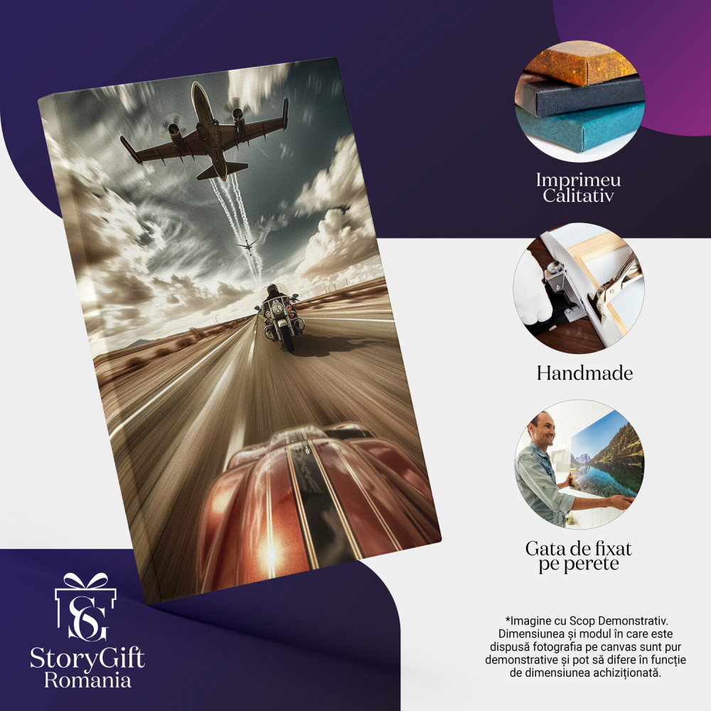 Tablou Canvas - Adrenalina pe Motoare Puternice: Întrecere între Mașini, Motociclete și Avioane, Marime 40x25CM [2]