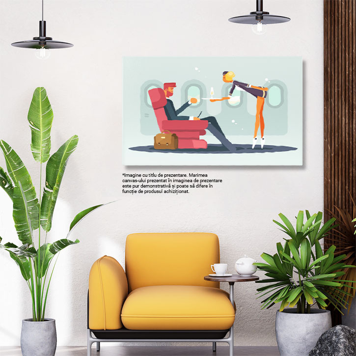 Tablou Canvas Afacerist Imbracat Elgeant Serveste un Pahar de Sampanie in Avion adus de Stewardesa Profesionista 40x25CM [3]