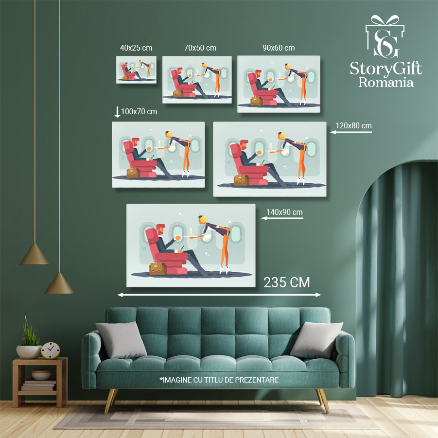 Tablou Canvas Afacerist Imbracat Elgeant Serveste un Pahar de Sampanie in Avion adus de Stewardesa Profesionista 40x25CM [5]