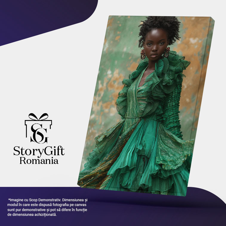 Tablou Canvas  African Style Dama in Rochie Vaporoasa Verde cu Model si Cercei cu Buzele Mari si Parul Scurt , Pictura Digitala 40x25CM [5]