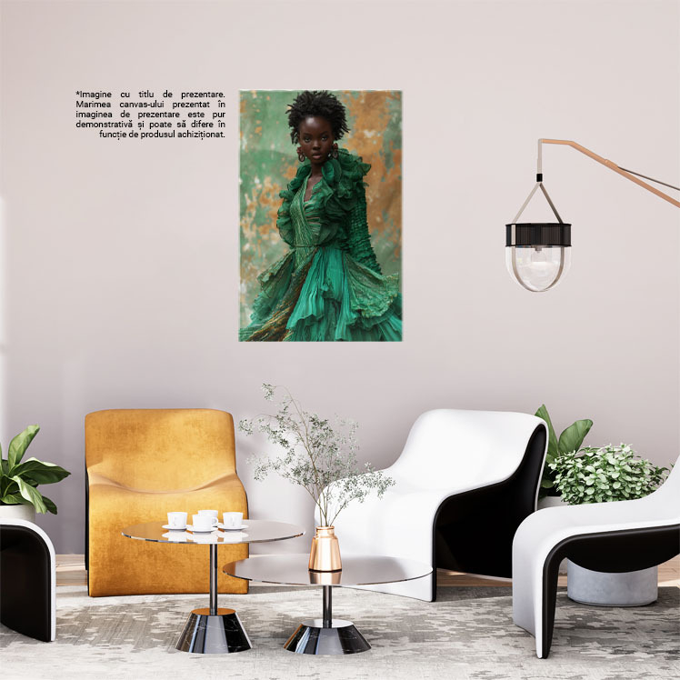 Tablou Canvas  African Style Dama in Rochie Vaporoasa Verde cu Model si Cercei cu Buzele Mari si Parul Scurt , Pictura Digitala 40x25CM [2]