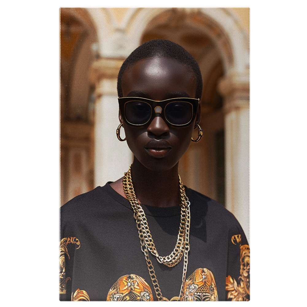Tablou Canvas Africana cu Ochelari, Păr Scurt, Cercei Rotunzi și Lanturi Groase de Aur în Bluza Neagră | Pictură Digitală, Marime 40x25CM [1]