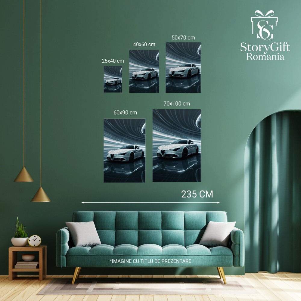 Tablou Canvas - Alfa Romeo Alb cu Fundal Lucios, Reflectând LED-uri în Vopseaua Mașinii, Marime 40x25CM [4]