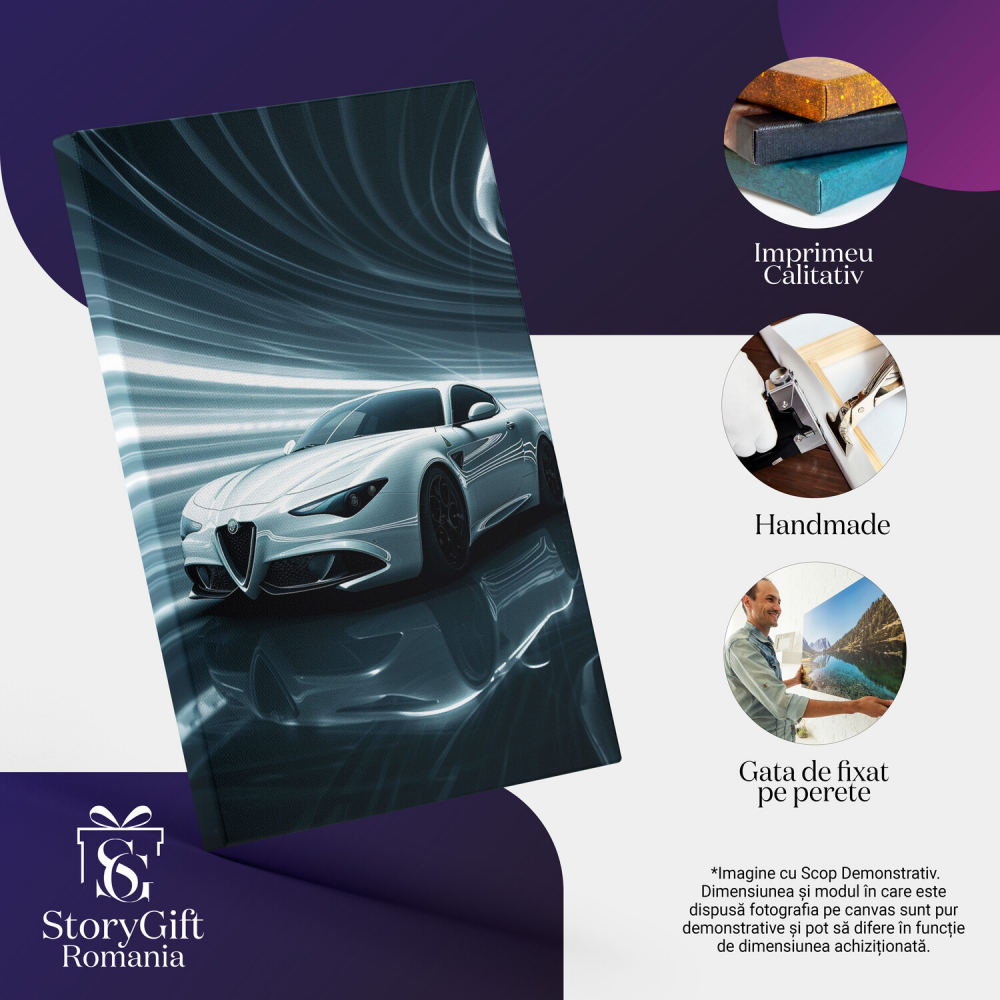 Tablou Canvas - Alfa Romeo Alb cu Fundal Lucios, Reflectând LED-uri în Vopseaua Mașinii, Marime 40x25CM [2]