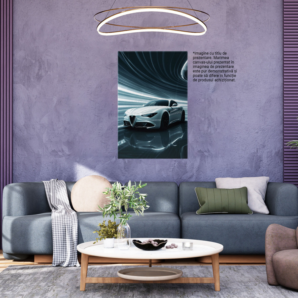 Tablou Canvas - Alfa Romeo Alb cu Fundal Lucios, Reflectând LED-uri în Vopseaua Mașinii, Marime 40x25CM [3]