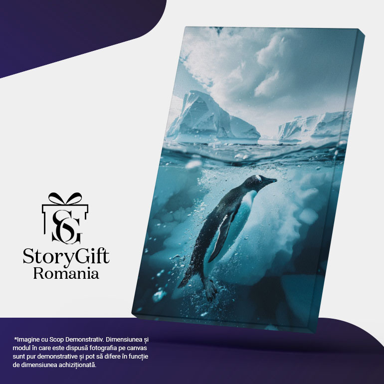 Tablou Canvas: Animalele de la Polul Nord Pinguin în Apă Ruperea Icebergului Peisaj de Iarnă Pictura Digitala 40x25CM [5]