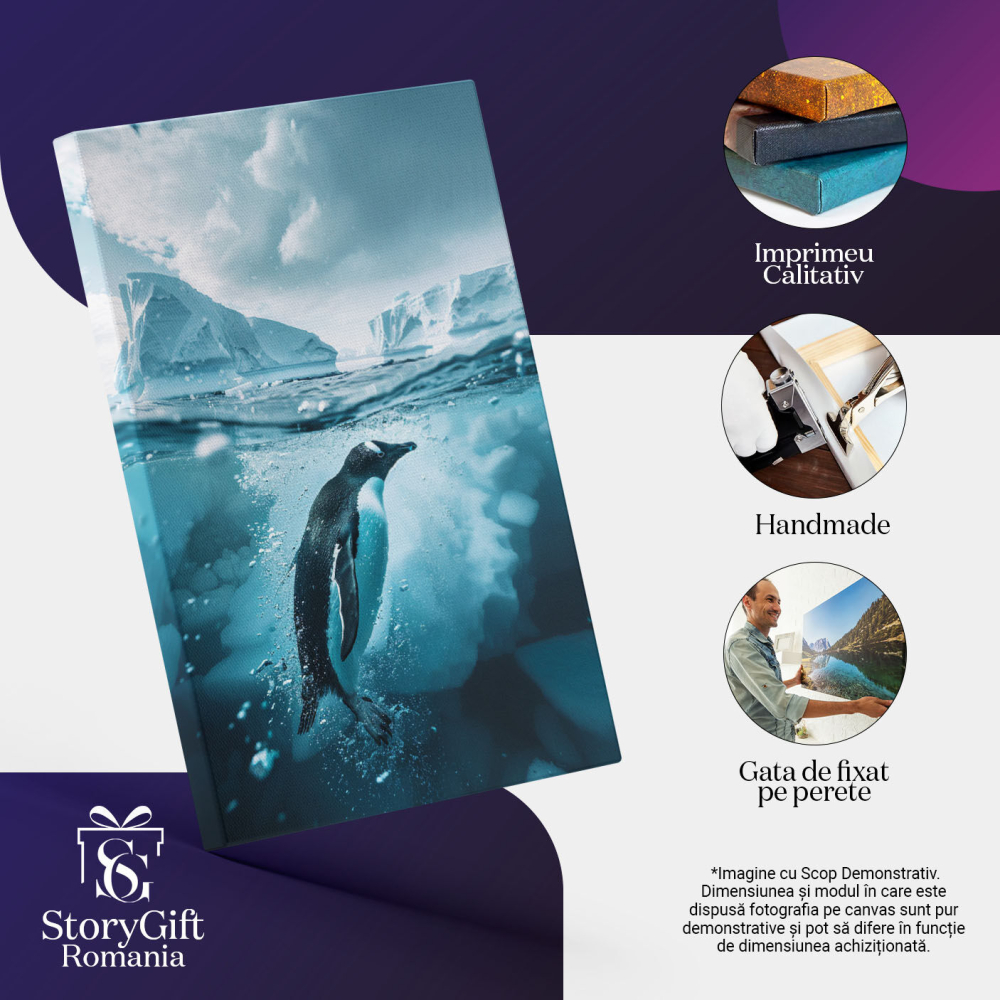 Tablou Canvas: Animalele de la Polul Nord Pinguin în Apă Ruperea Icebergului Peisaj de Iarnă Pictura Digitala 40x25CM [3]