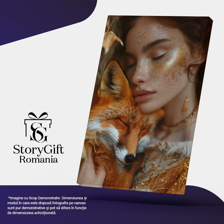 Tablou Canvas  Animalul de Companie o Vulpe Frumoasa Alaturi de Stapana ei cu Sclipici pe Fata si Parul Roscat , Pictura Digitala 40x25CM [5]