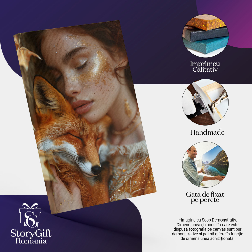 Tablou Canvas  Animalul de Companie o Vulpe Frumoasa Alaturi de Stapana ei cu Sclipici pe Fata si Parul Roscat , Pictura Digitala 40x25CM [3]