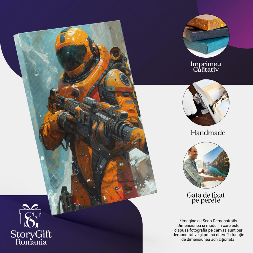 Tablou Canvas Apărătorul Universului în Costum de Astronaut Galben și Armă Gata de Luptă , Pictura Digitala 40x25CM [3]