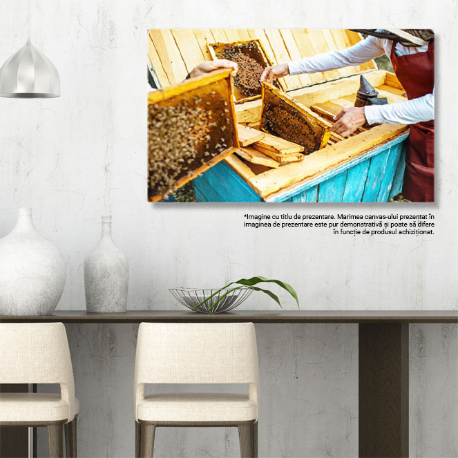 Tablou Canvas Apicultor Lucrand cu Fagurii, stup, albina, 40x25cm [3]