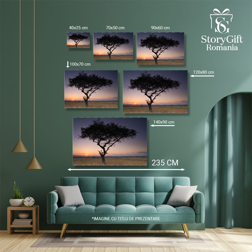 Tablou Canvas: Apus de Soare pe Savana Kenyana - Peisaj African, Silueta, Culoare 40x25CM [5]