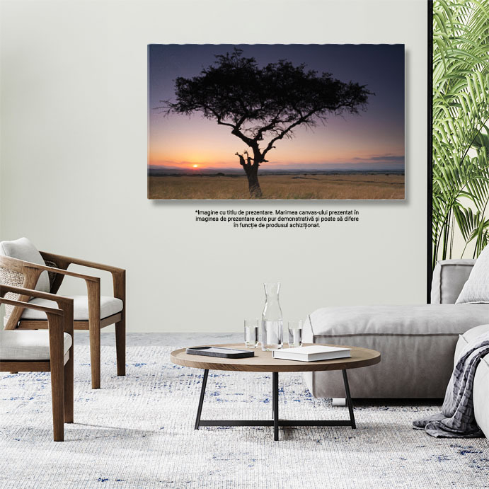 Tablou Canvas: Apus de Soare pe Savana Kenyana - Peisaj African, Silueta, Culoare 40x25CM [3]