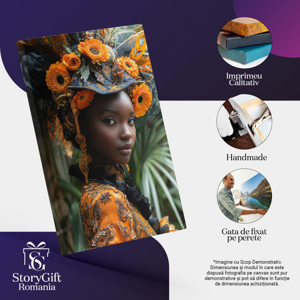 Tablou Canvas Armonia Culorilor în Frumusețea Captivantă a Femeii  cu Piele Cafenie Ornamente Florale , Pictura Digitala 40x25CM [3]