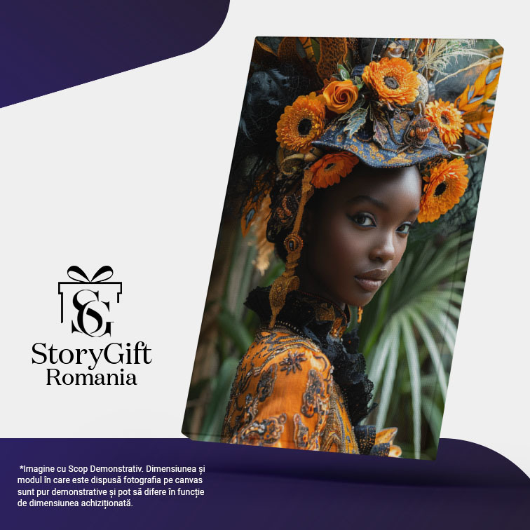 Tablou Canvas Armonia Culorilor în Frumusețea Captivantă a Femeii  cu Piele Cafenie Ornamente Florale , Pictura Digitala 40x25CM [5]
