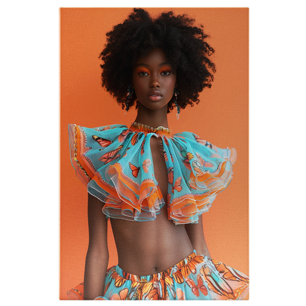 Armonia Hainelor - Tablou Canvas cu Femeia Mulatră în Machiaj Coordonat și Rochie Vaporoasă, Marime 40x25CM [1]