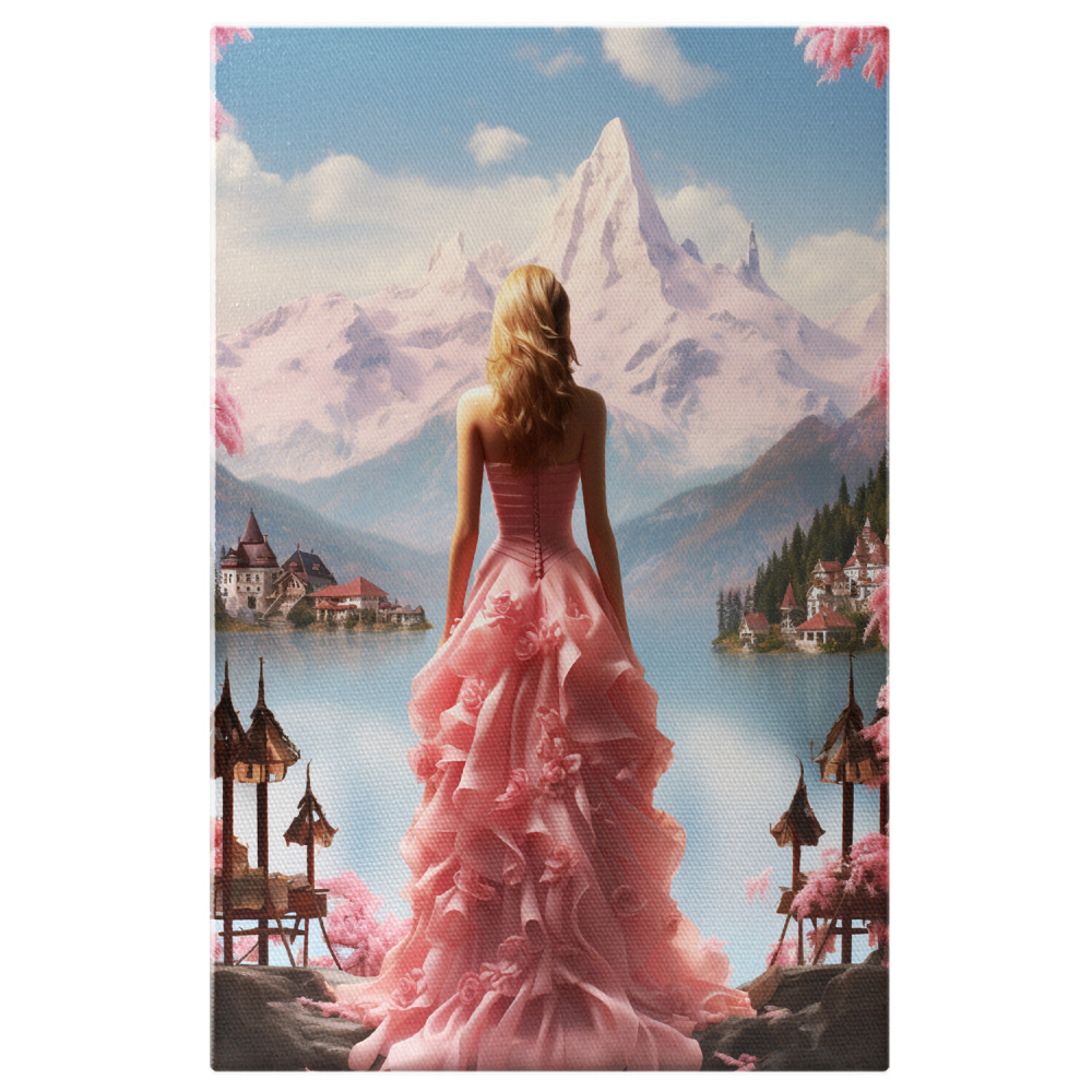 Tablou Canvas - Arta Feminină - Rochie cu Trena de Trandafiri în Peisaj de Case și Munți, Marime 40x25CM [1]