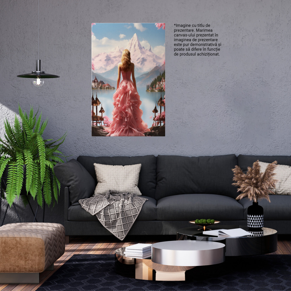 Tablou Canvas - Arta Feminină - Rochie cu Trena de Trandafiri în Peisaj de Case și Munți, Marime 40x25CM [3]