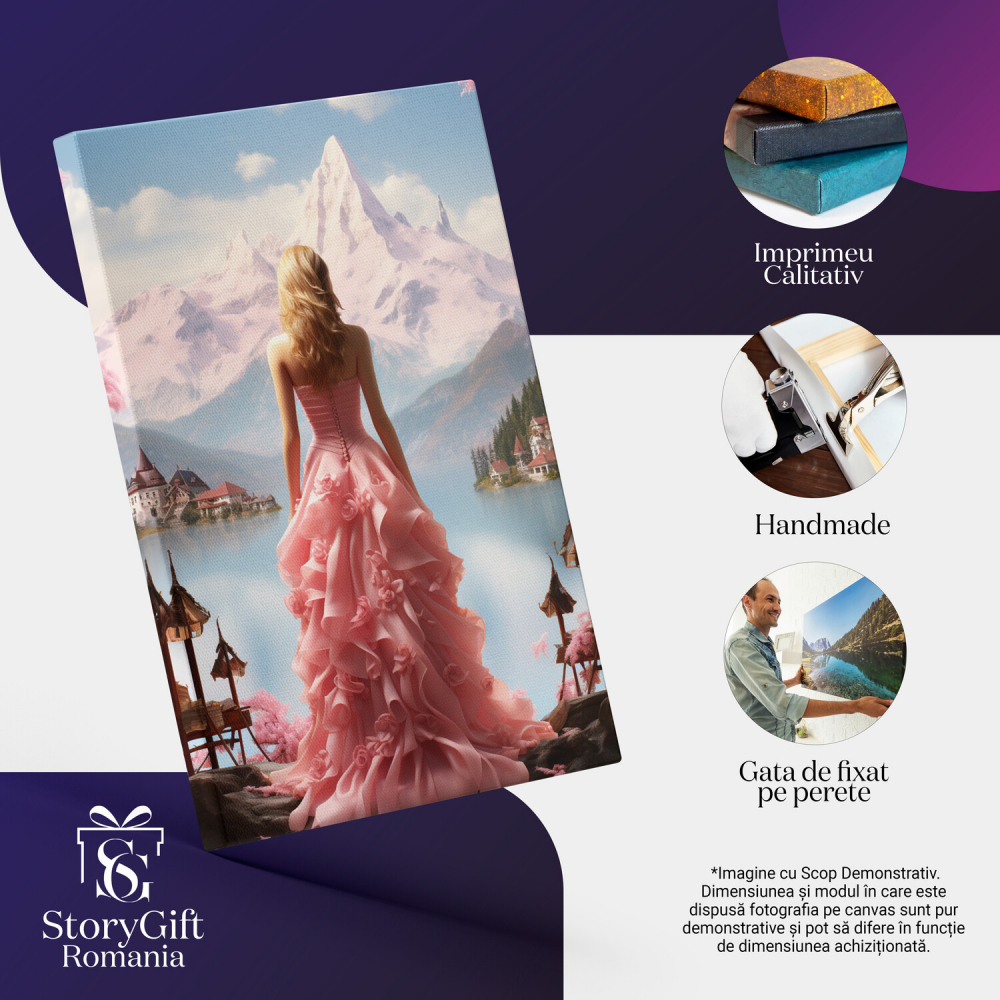 Tablou Canvas - Arta Feminină - Rochie cu Trena de Trandafiri în Peisaj de Case și Munți, Marime 40x25CM [2]