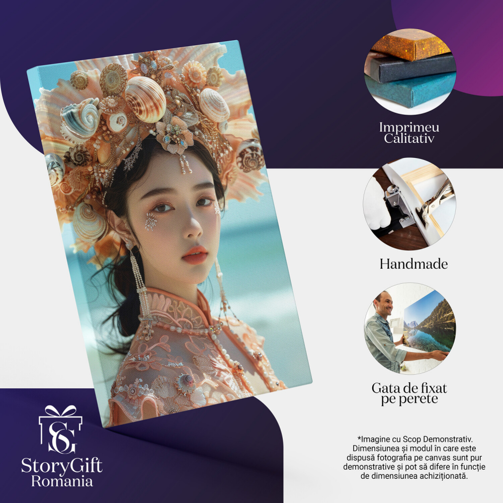 Asiatica cu Pălărie din Scoici, Cercei Lung și Rochie Tradițională, Marime 40x25CM [2]